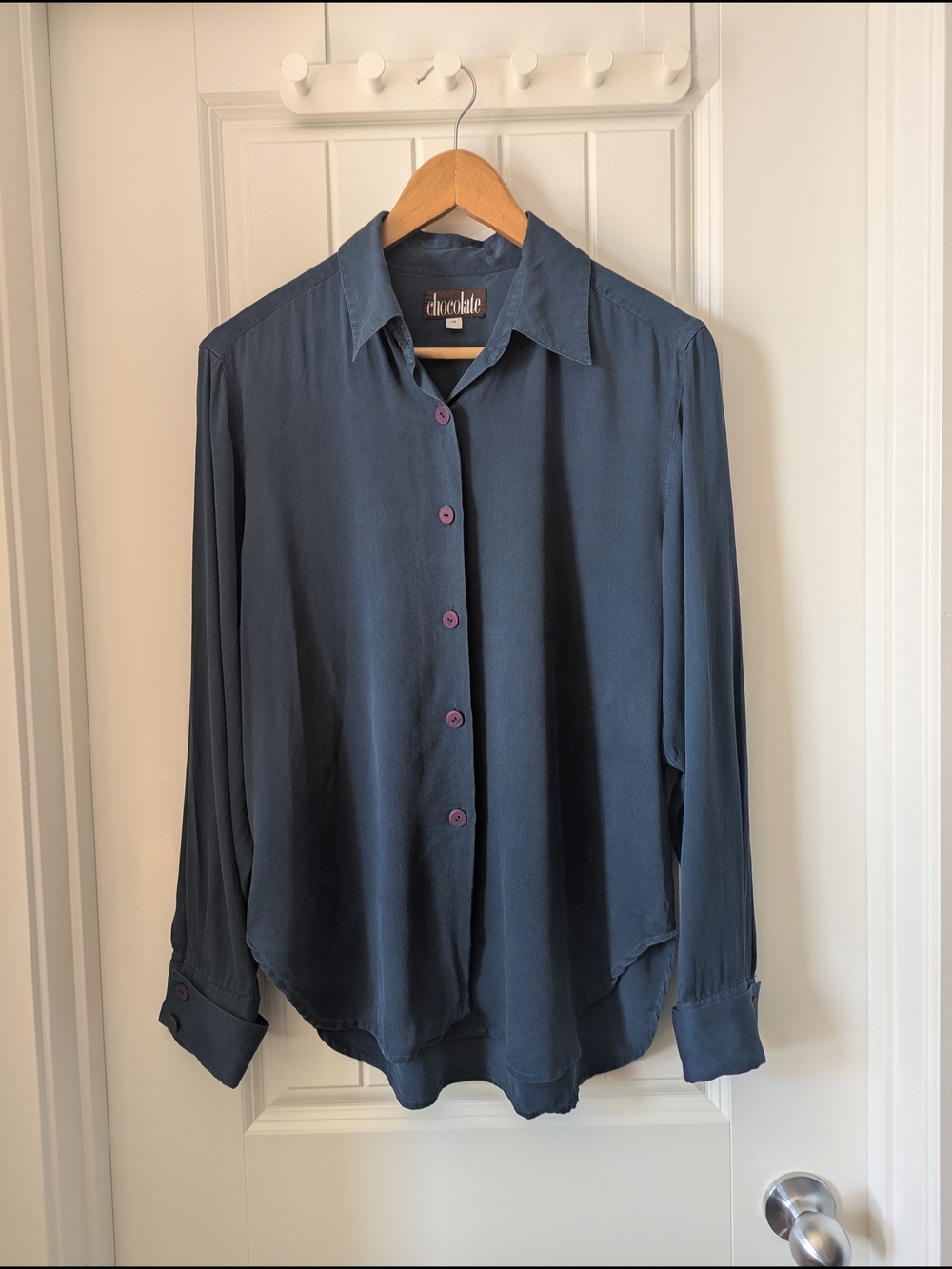 100% Silk Navy Blue Long Sleeve Blouse French Cuffs Size Medium